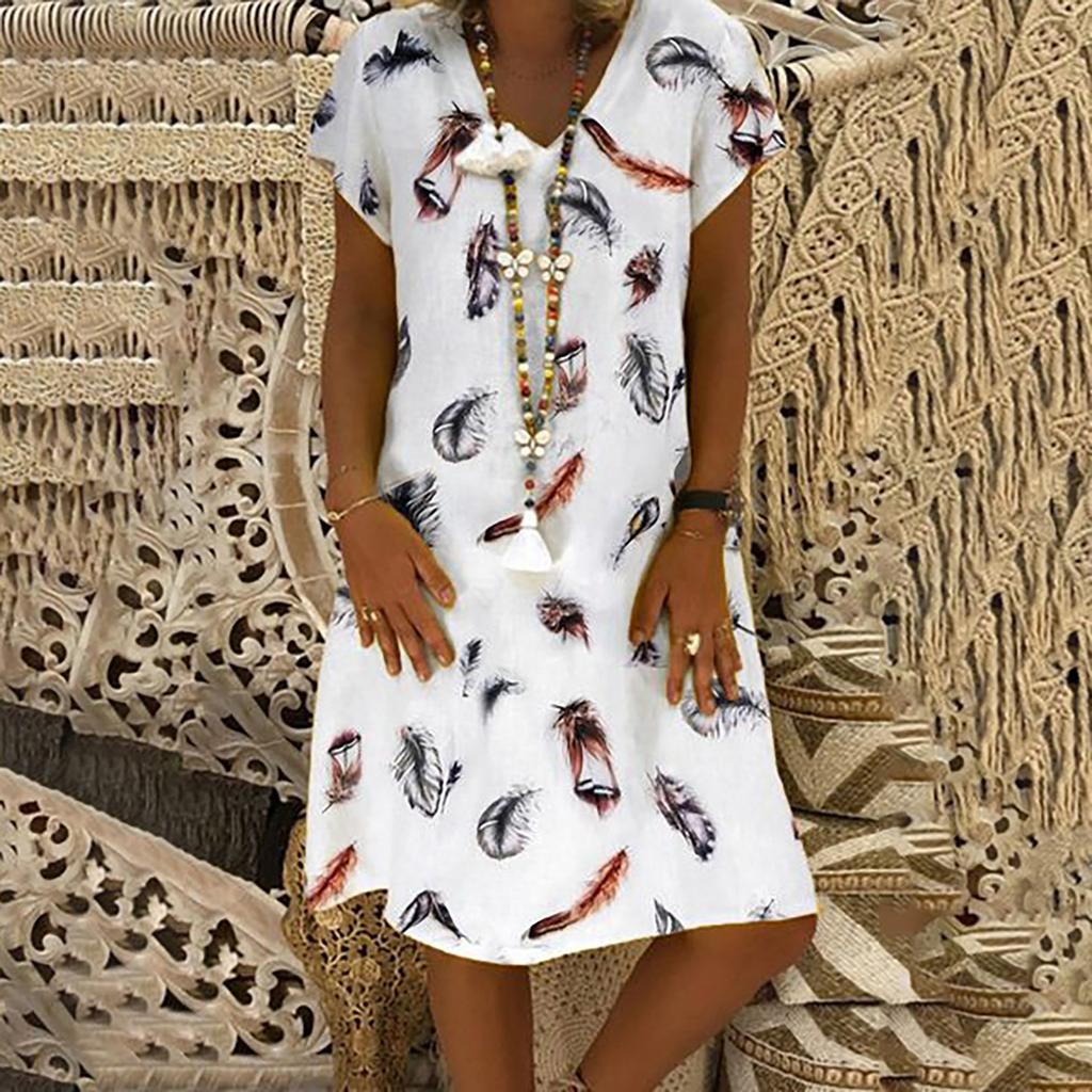 Loose Fit Mid-Length Dress with Off Shoulder Design and Printed Pattern Casual Summer Beachwear for Women