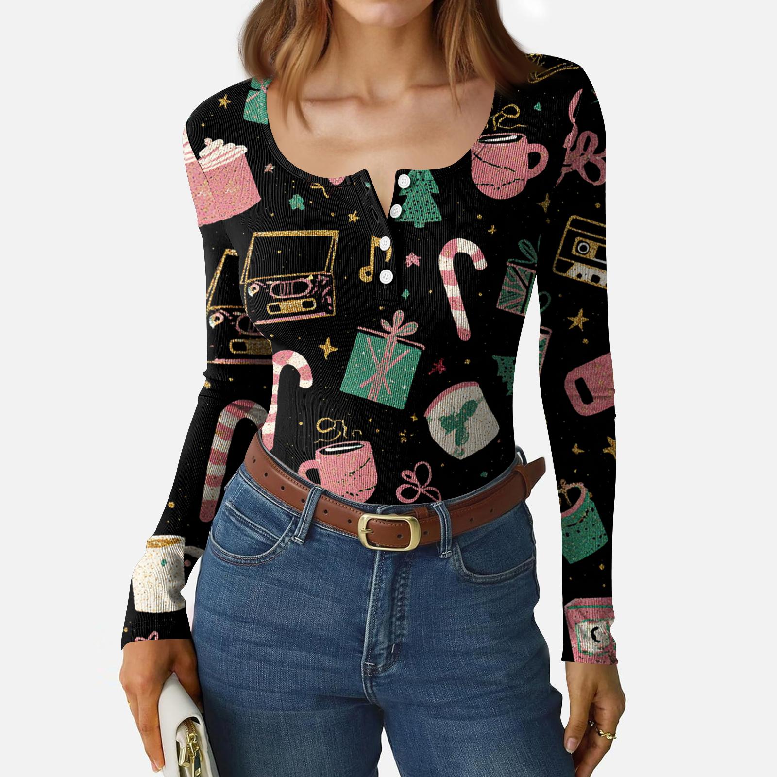 

Women s Casual Fashion Christmas Print Button Long Sleeve Top L