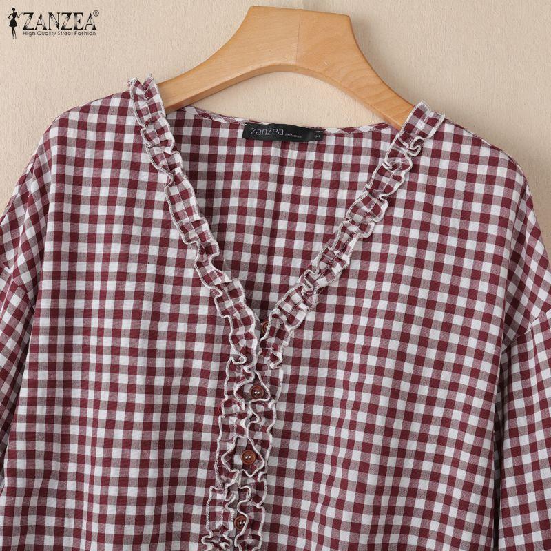 ZANZEA Women Casual V-neck Plaid Print Loose Long Sleeve Blouse