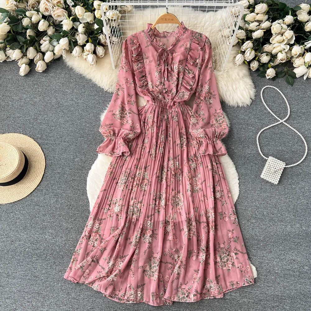 Spring new French V-neck long-sleeved waist temperament small fresh floral dress women's pleated long dress