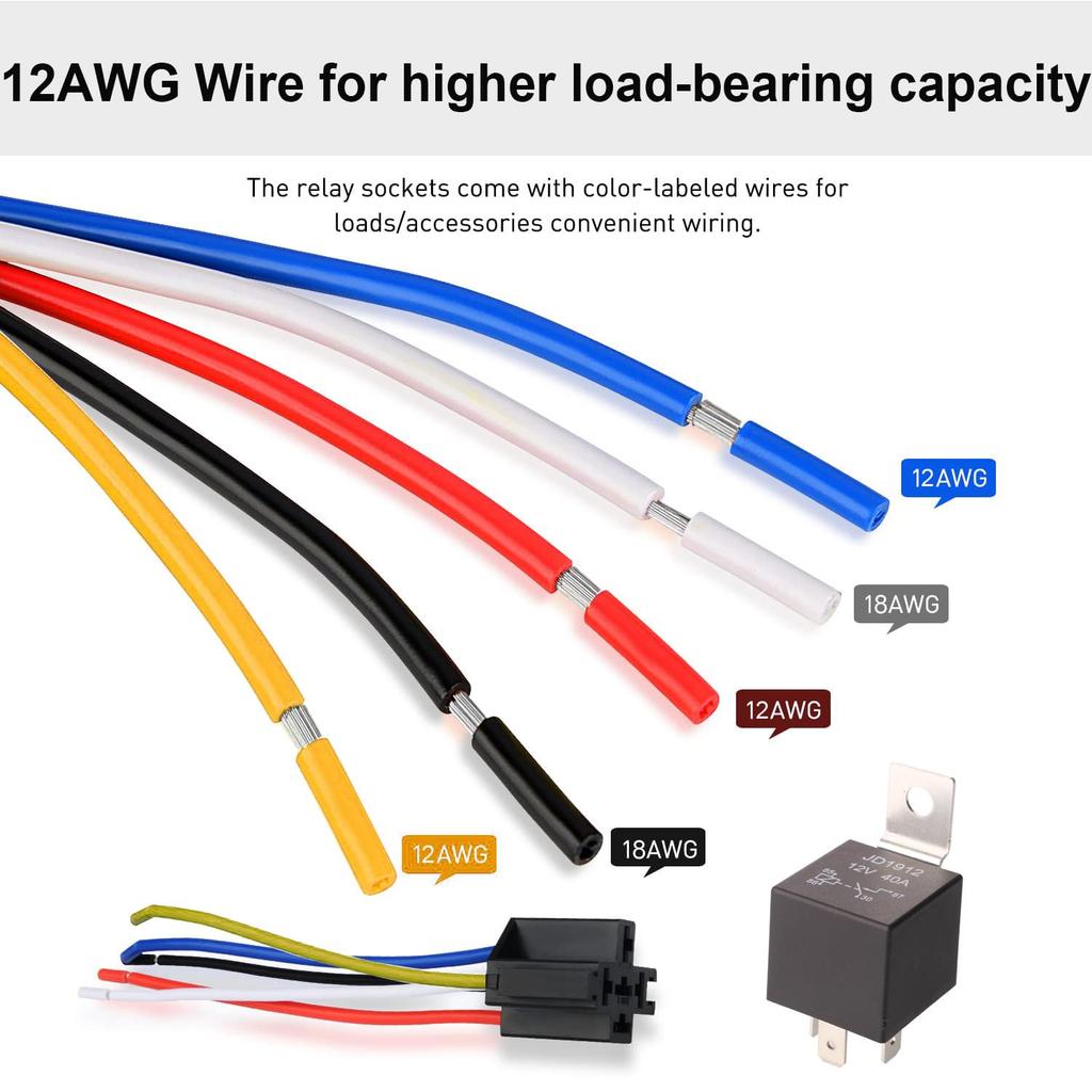 JD1914 12V 40A Car Relay with 12AWG Harness Sockets 5 Pin SPDT Relay with Color-Labeled Wires for Automotive Truck Van Motorcyc Relays 5