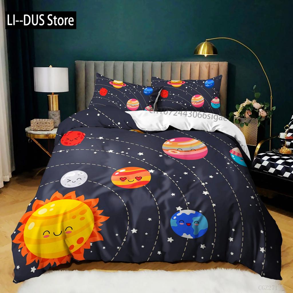 Bettbezug mit Raumschiffen für Jungen und Kinder, Astronomie-Bettwäscheset aus Mikrofaser, Weltraum-Abenteuer, farbenfroher Raumschiff-Bettbezug für Kingsize-Bett