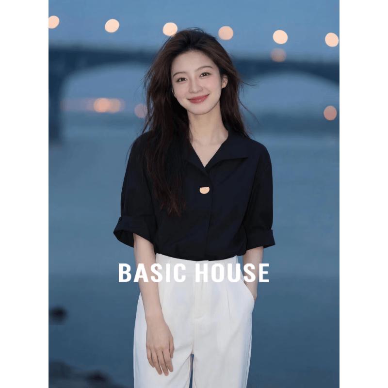 Basic House Women s French Style Five-Point Sleeve Lapel Shirt L белый