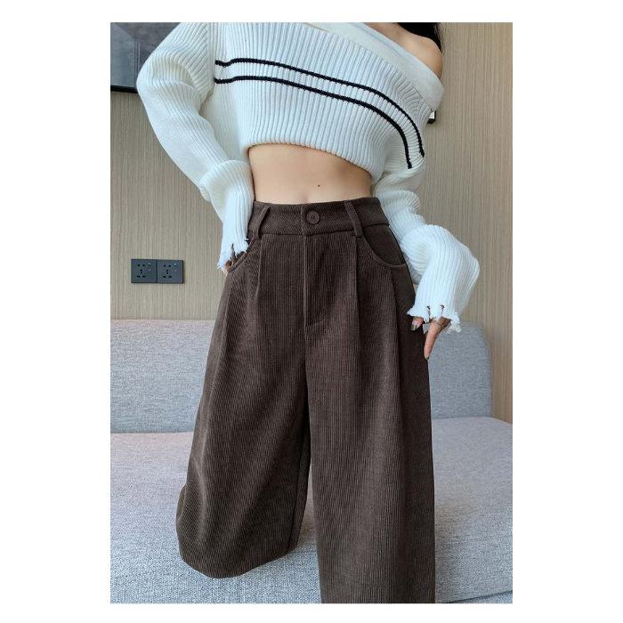 Narrow Wide-leg Pants for Women In Autumn and Winter New Retro High-waisted Slim Striped Straight-leg Pants Drape