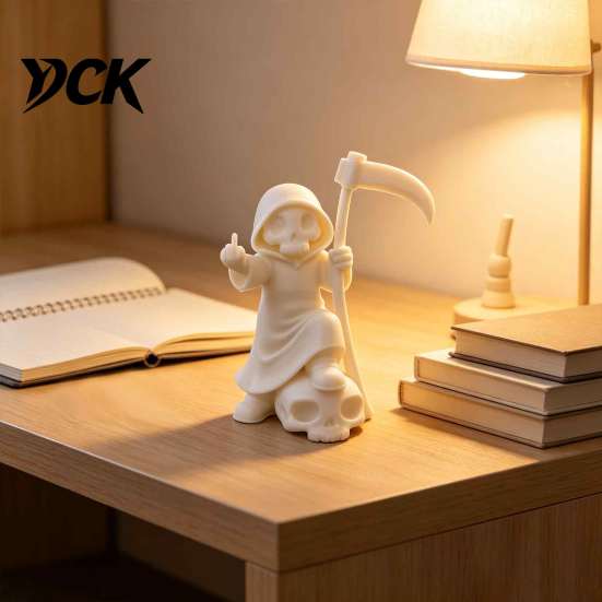 Black White Sculpture 3D Printed Cute Grim Reaper Figurine, Skeleton Little Statue with Unique Holiday Gift Scythe & Skull Base, Funny Gothic