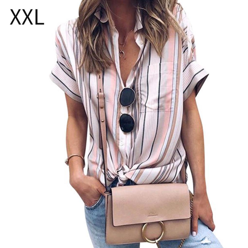Women Stripe Shirt Stitching Short Sleeve Shirt