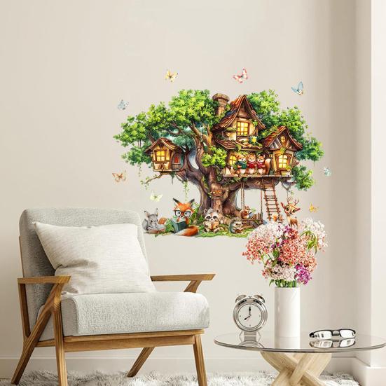 Tree House Animal Wall Sticker Self-adhesive Waterproof PVC Spring Forest Treehouse Sticker Home Office Living Room Bedroom Wall Decoration Decal