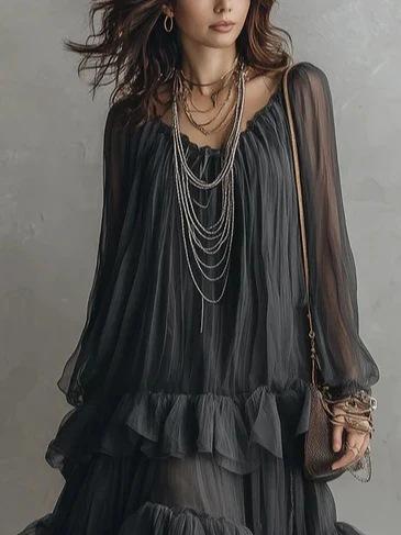 Dark wind round neck perspective chiffon long-sleeved cake skirt loose and lazy irregular ruffle edge atmosphere long skirt S