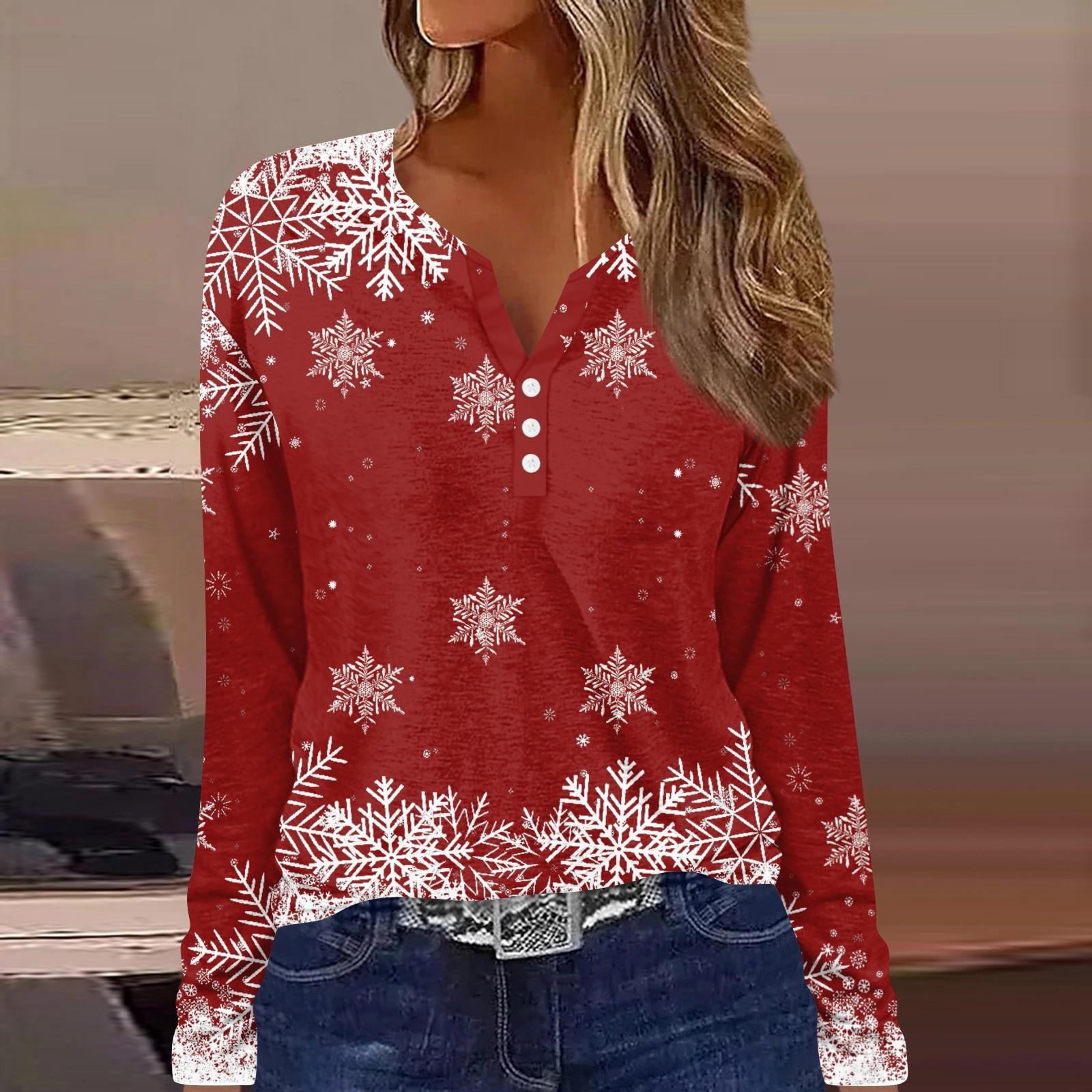 

Длинные рукава женские топы с цветочным принтом винтажная мода повседневные свободные с V-образным вырезом рубашки больших размеров Рождество XXXL красный