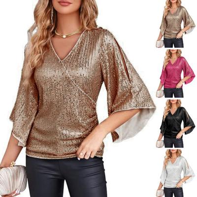 Women Top Shiny Sequin Hollow Out Three Quarter Horn Sleeve Solid Color