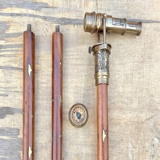 Engraved Brass Walking Stick With Telescope Direction Compass On Top Spyglass Cane, 1920 Dollond London Victorian Canes, Handmade Gift