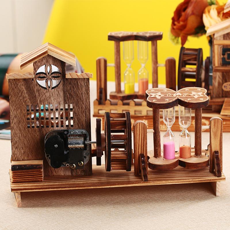 Cabin Windmill Sailboat Rotating Music Box Creative Wooden Pen Holder Student Birthday Gift