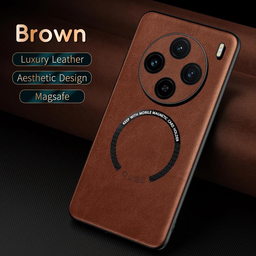 

OLGE Роскошный чехол из телячьей кожи с классической текстурой для VIVO X100 X100 Pro Поддержка магнитного держателя для автомобиля, подставки, чехол для беспроводной зарядки For VIVO X100 Pro коричневый