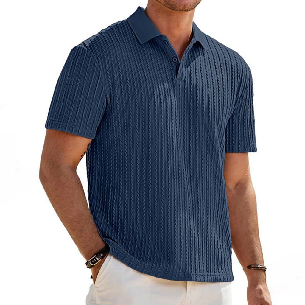 Men's Loose Fit Knitted Jacquard Short Sleeve Polo Shirt Button Front Casual Business Lightweight Summer Top