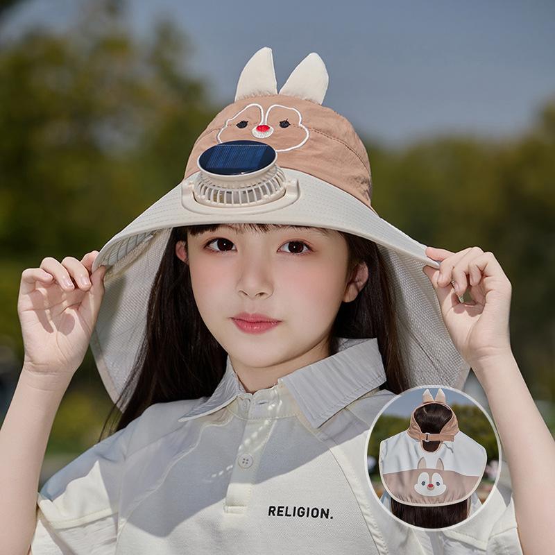 Children's Hat Summer Outdoor Sun Hat Cartoon Cute Solar Fan Hat Big Eaves Shawl Empty Top Sun Protection Hat