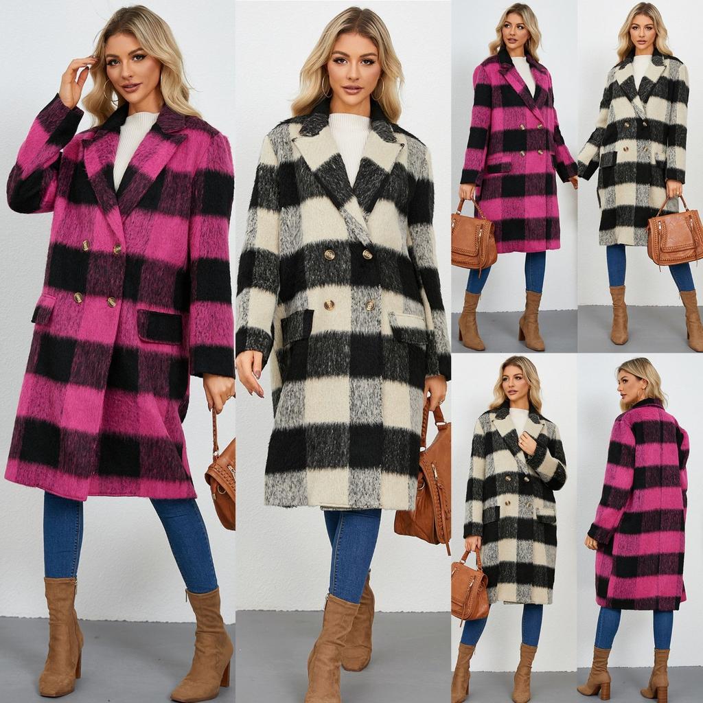 2025 Winter New Long Plaid Double-sided Wool Coat Women's Elegant Lapel Woolen Outerwear for Europe and America