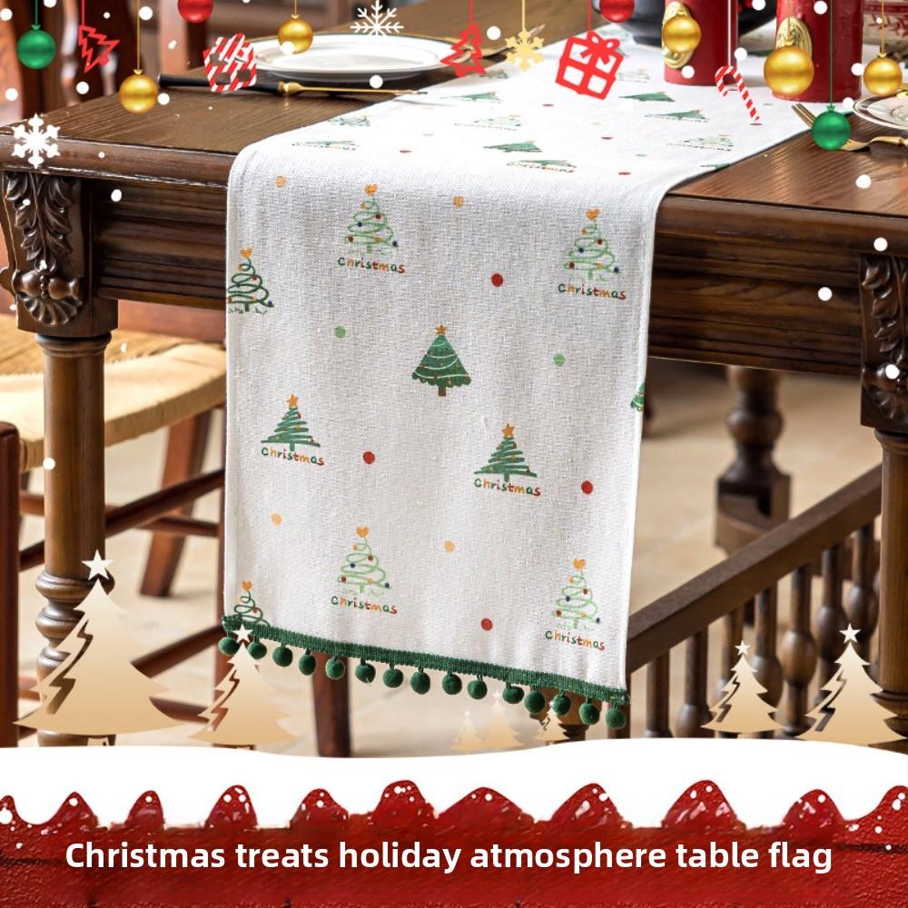 Festive Pine Tree Table Runner Holiday Decor Printed Heatproof Faux Linen Dining Table Cover