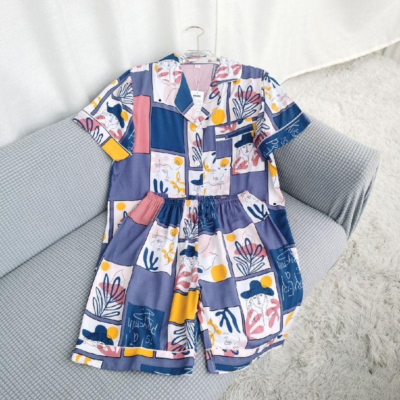 

New Tribute Satin Cotton Pajamas Suit Summer Short Sleeve Cardigan Printed Homewear Casual and Comfortable Cute Loungewear Light purple XL