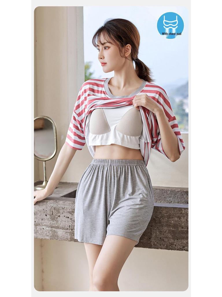 Women's Summer Three-Piece Modal Pajama Set with Bra Pads - Short Sleeve Top, Shorts, and Long Pants for Indoor/Outdoor Wear