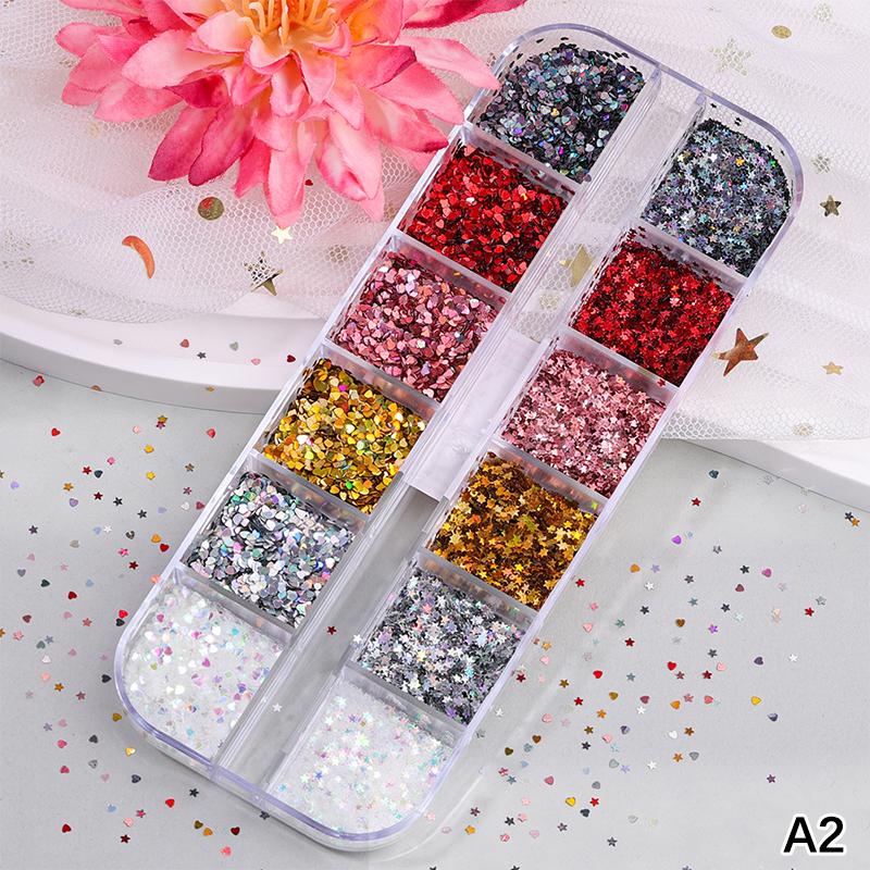 12 Grids Mixed Star Heart Nail Glitter 1Mm Star Sequin Nail Art Diy Colorful Sparkling Nail Charms Nail Decoration Accessories