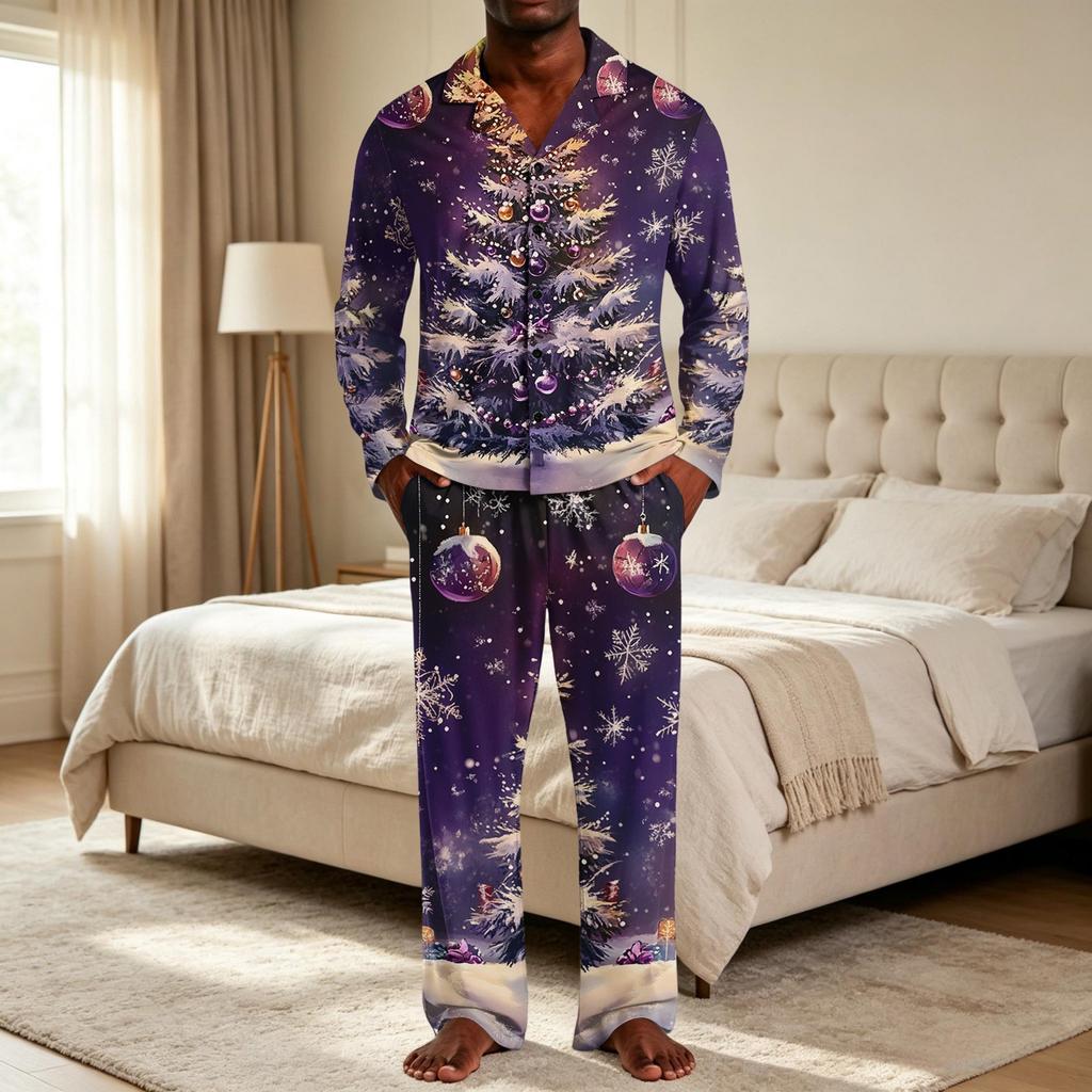 Men's Loose Fit Christmas Print Pajama Set with Button Down Top and Straight Leg Pants - Two Piece Holiday Sleepwear