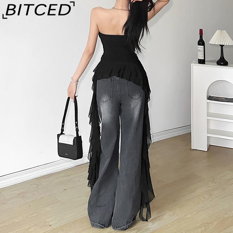 BITCED Spring Women's Solid-Colour Slim-Fit Streetwear Off-the-Shoulder Sleeveless Pleated Top