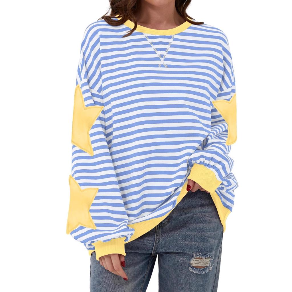 Women's Crew Neck Long Sleeve Sweatshirt A Line Fit Striped Star Patchwork Casual Spring Pullover Top