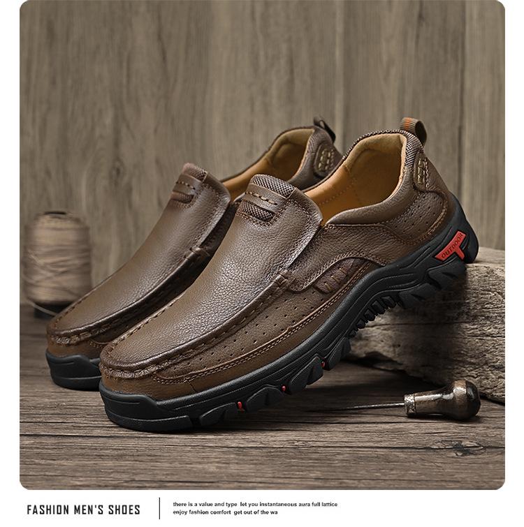 Men's Outdoor Casual Slip-On Leather Shoes - Large Size, Non-Slip, Wear-Resistant, Soft Sole