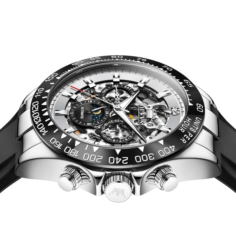OLEVS Men's Watch Automatic, Skeleton, Date, Water-Resistant, Luminous, Diamond, Fashion, Business Watch for Men, White
