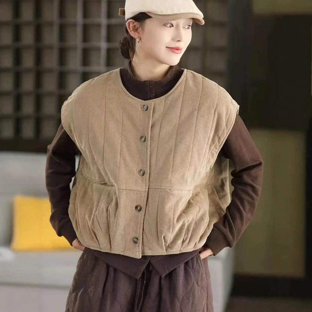 2025 Autumn/Winter Quilted Cotton Round Neck Vest - Artistic Retro Outerwear