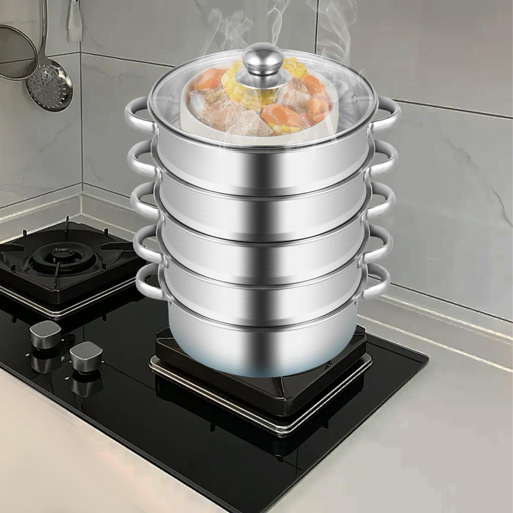 32CM Rostfritt Stål Ångkokare 5-vånings Stor Ånggryta Köksredskap m/Lock & Handtag för Grönsaker, Dumplings, Buljong, Sås