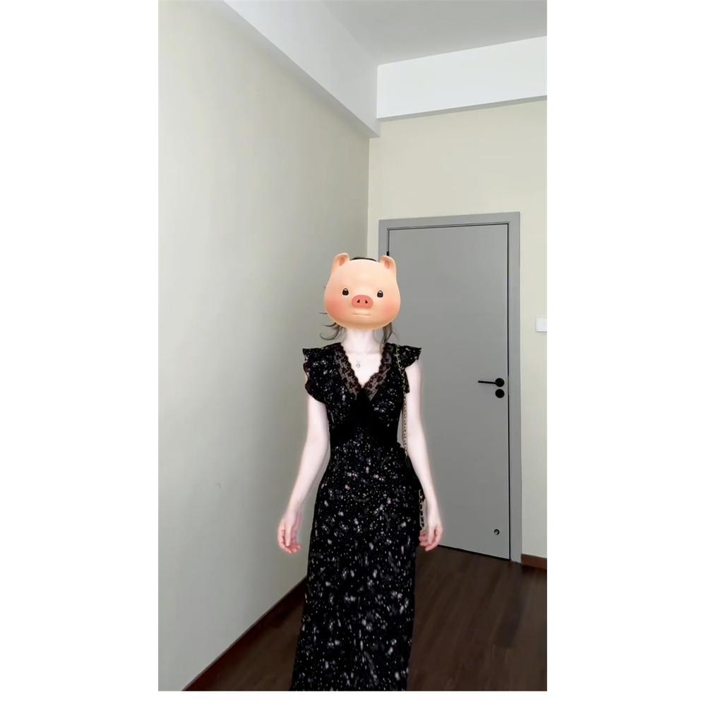 French Black Small Flying Sleeve Floral Dress Women's Casual Summer New Super Good-looking Lace Lace Waist Dress