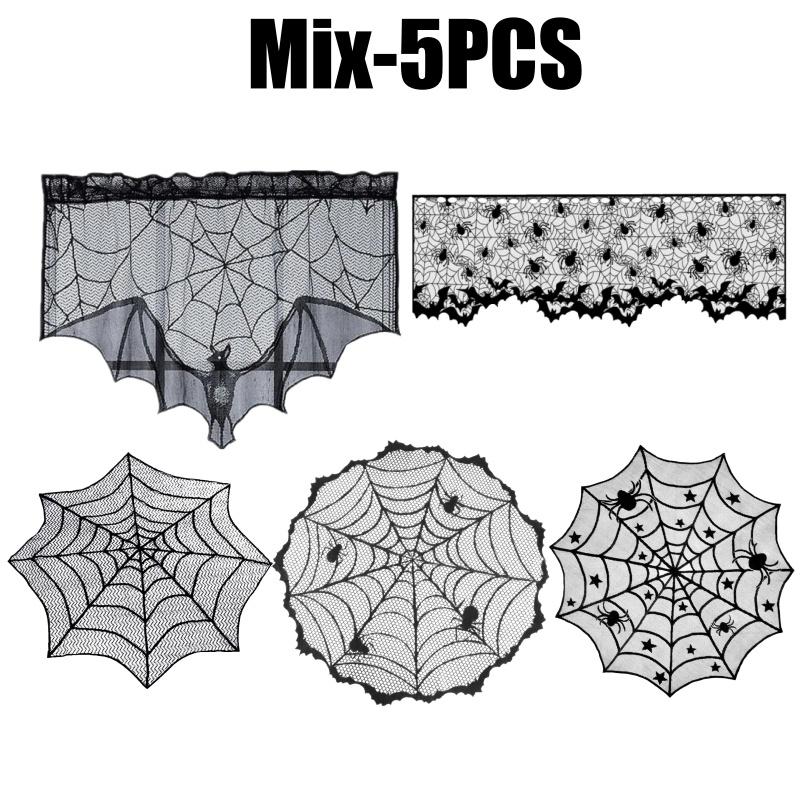 Halloween Decorations Tablecloth Black Lace Spider Cobweb Table Cover Spiderweb Mantel Fireplace Scarf for Halloween Party