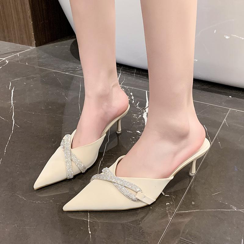Pointed toe bag head half slippers women's spring 2025 new black rhinestones sexy high heels temperament senior single shoes