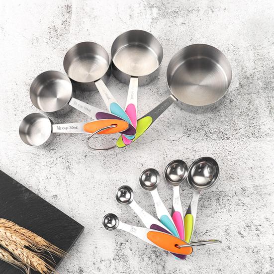 5Pcs/Set Measuring Spoon Set Clear Scale Ring Buckle Silicone Handle Stainless Steel Sugar Powder Spoon Measuring Cup Home Supplies