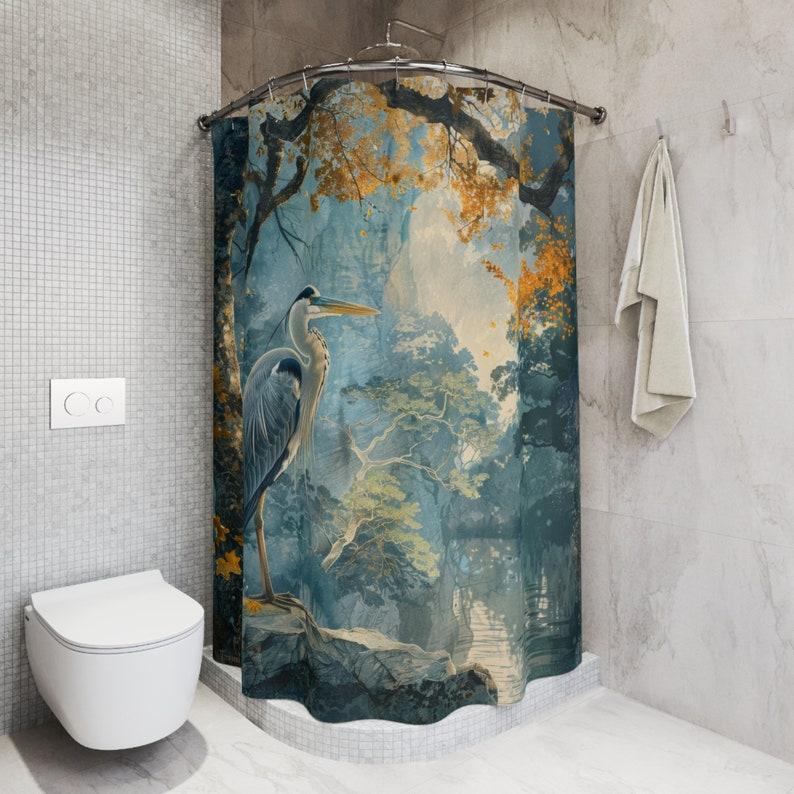 Blue Heron in Ancient Forest Shower Curtain - Coastal Bird Bathroom Decor, Waterproof Nature-Inspired Design W90xH180cm