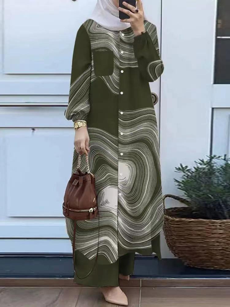 Patchwork-Cardigan und Hosen-Set im nahöstlichen Stil mit langen Ärmeln und Umlegekragen für Damen