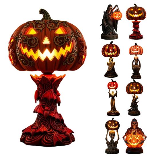 Halloween Pumpkin Light Resin Skeleton Ghost Witch Pumpkin Lantern Gothic Curved Pumpkin Night Light for Home Tabletop Desk Decor