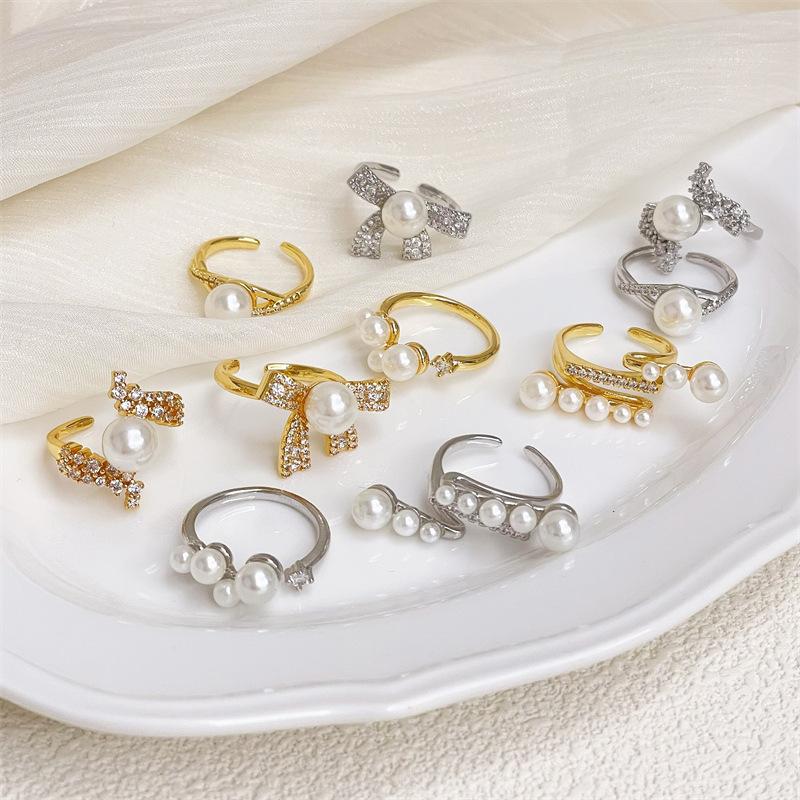 Heavy Industry Full Diamond Bow Full Diamond Zir*****Pen Ring Light Luxury Premium Pearl Index Finger Ring Personality Elegant Ring