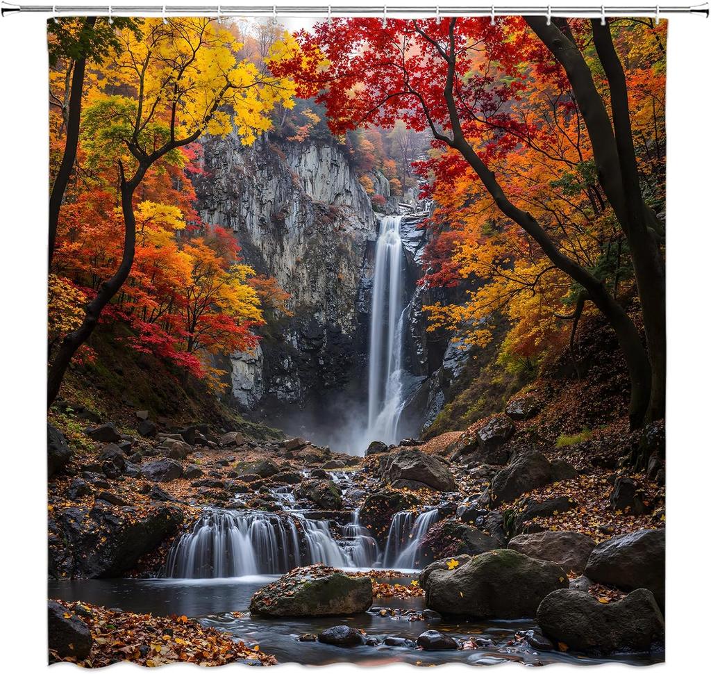 Forest Waterfall Shower Curtain Fall Nature Landscape Maple Tree Leaves Mountain Waterfall Autumn Scenery Bathroom Decor Fabric