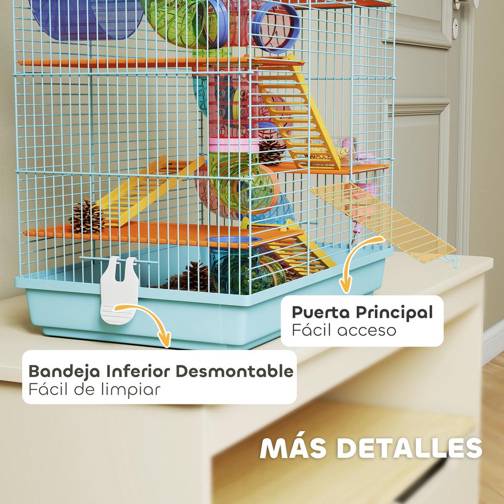 Multi-Level Hamster Cage with Tubes, Platforms, Feeder, Water Bottle, House, Wheel, and Ladders, 47x30x59 Cm, Blue