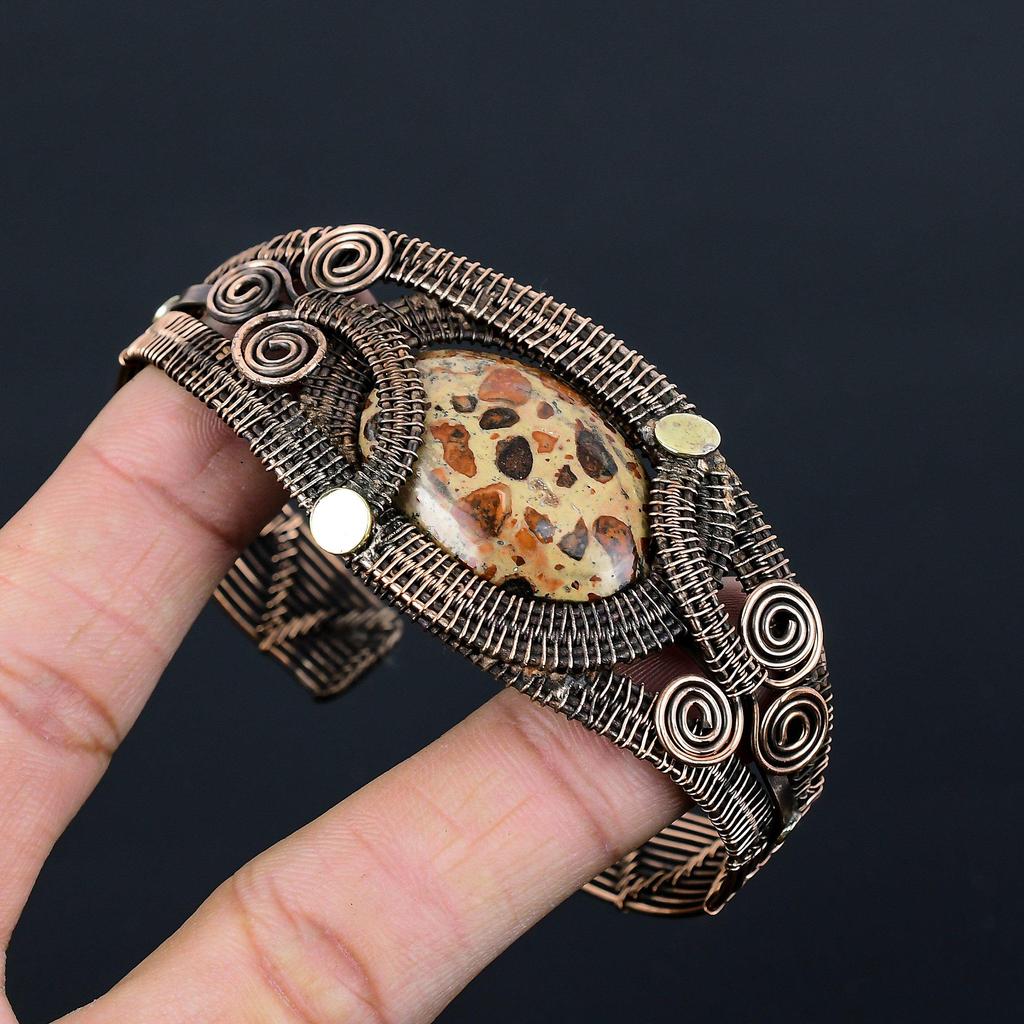 Bird Eye Jasper Gemstone Pure Copper Wire Wrapped Handmade Cuff/Bangle Jewelry