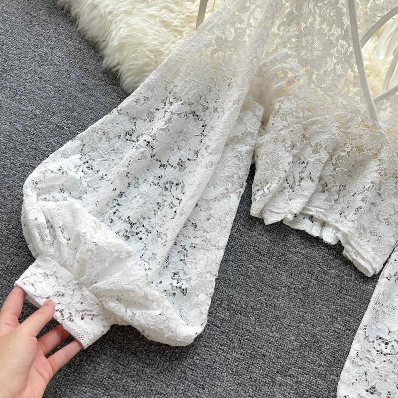 Lace Up Backless Slimming Short Style See Through Hook Flower Lace Shirt Autumn Outfit New Korean Style Stylish Small Shirt Versatile Top for Women
