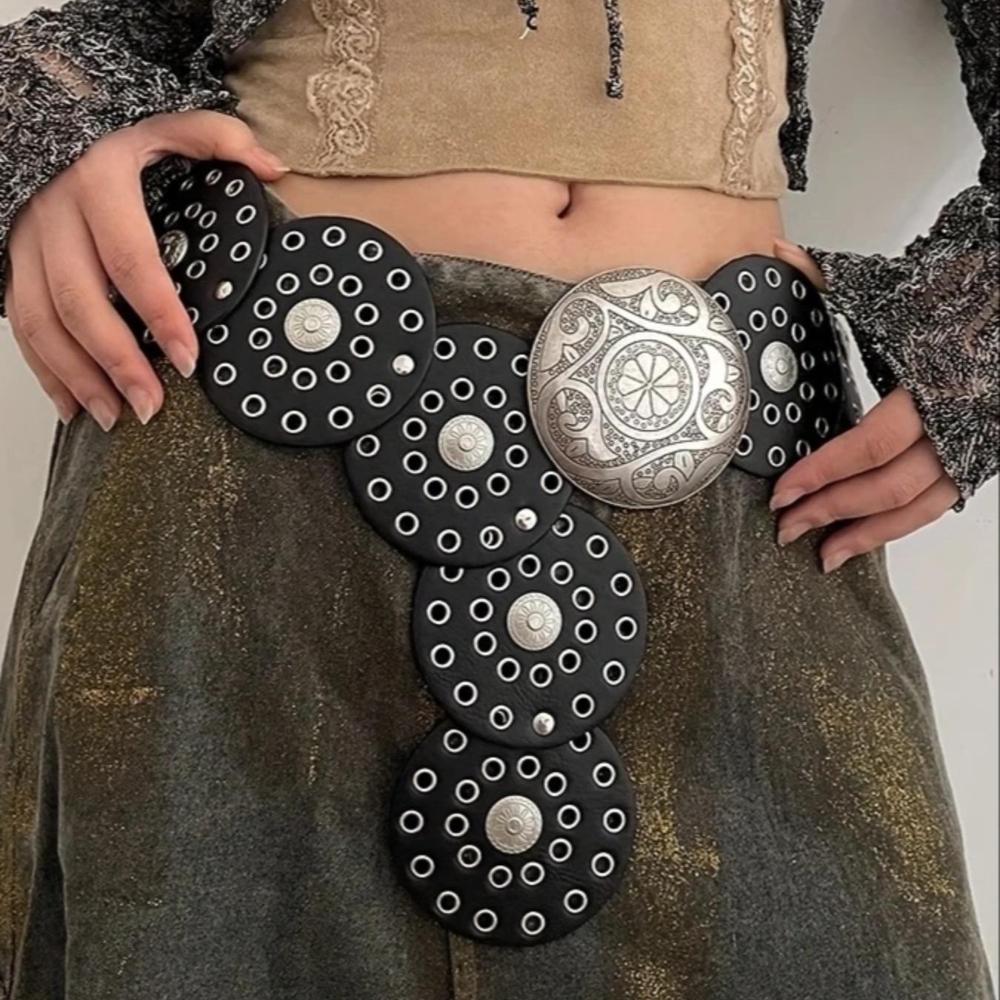 

Жіночий ремінь Spice Girl Y2K Стиль Хараджуку Вінтажний Дизайн з Заклепками та Печворком Широкі Ремені для Жінок Вуличний Штучна Шкіра Пояс 105CM срібний