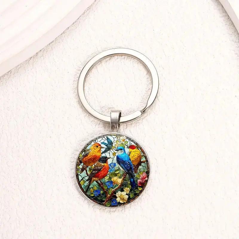 Watercolor Bird Group Glass Keyring With Alloy Material For Gift And Everyday Use