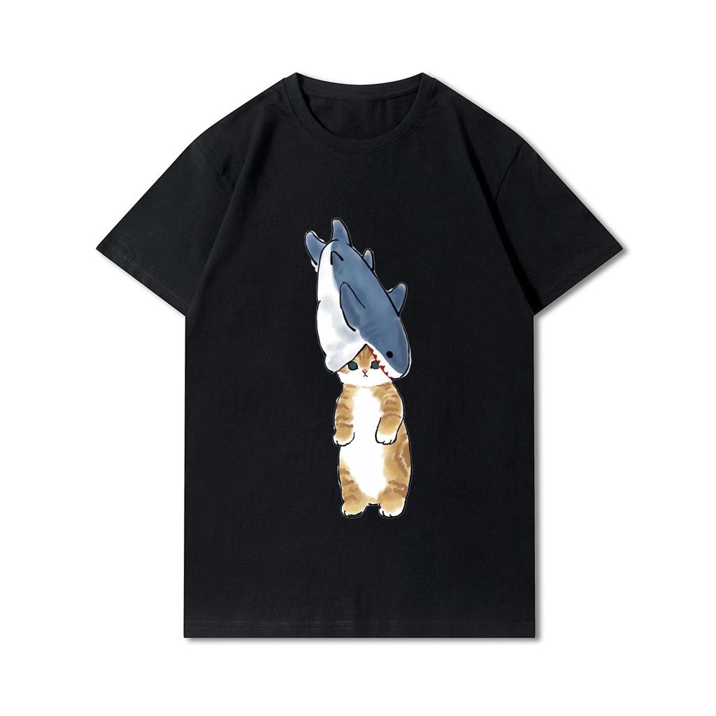 Nadměrná velikost kočky Žralok s potiskem Dámská trička s kulatým výstřihem Bavlněné topy Léto Zvířecí Y2K Móda 90S Neformální oversize Černá trička