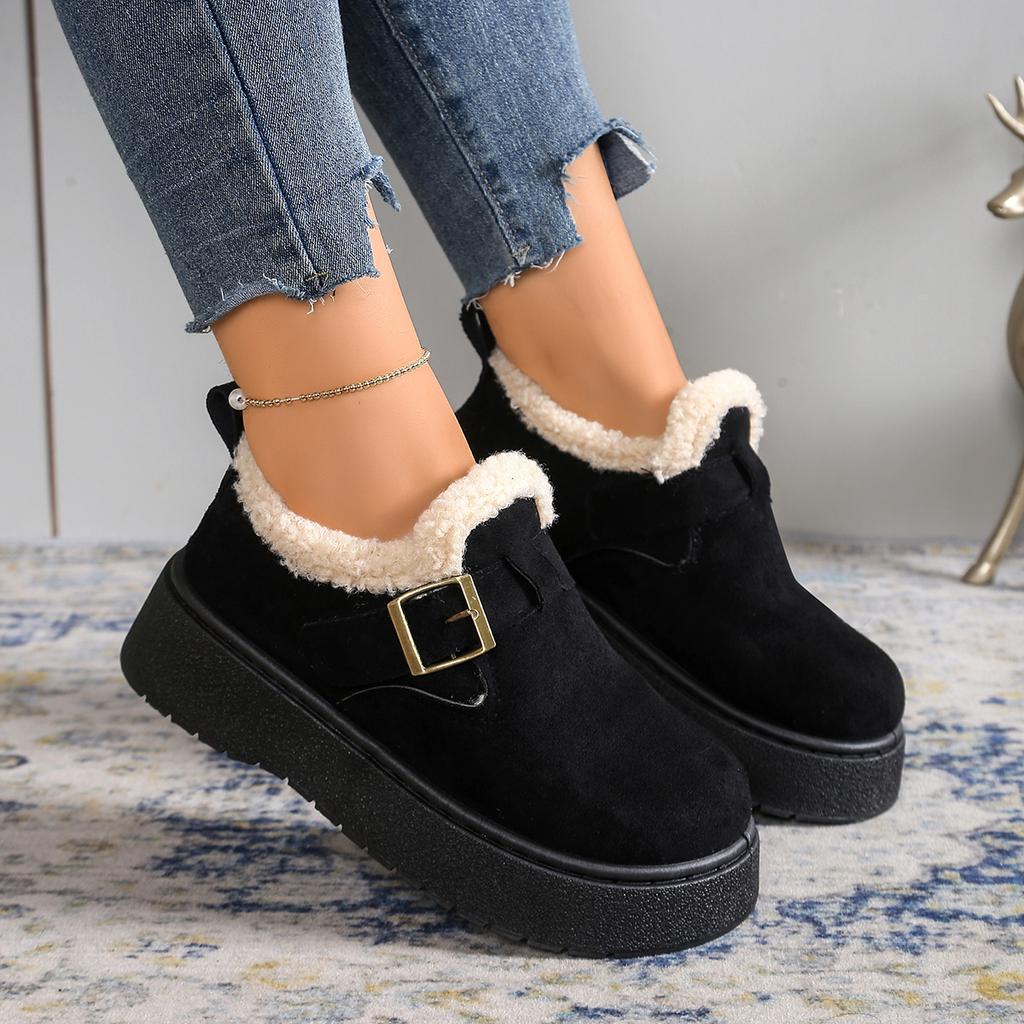 Autumn and Winter Suede Thick-Soled Fleece-Lined Ankle Boots with Metal Buckle Decoration Warm Snow Boots Retro Casual Height-Increasing Women's Shoes
