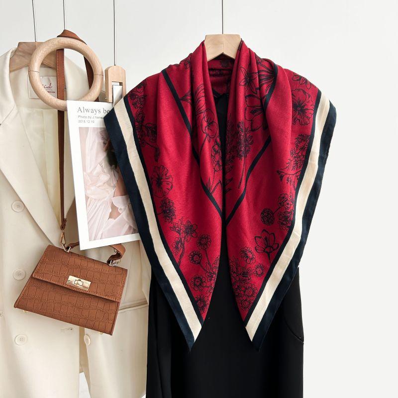 Soft Comfortable Floral Printed Women Square Neck Scarf For Autumn Winter
