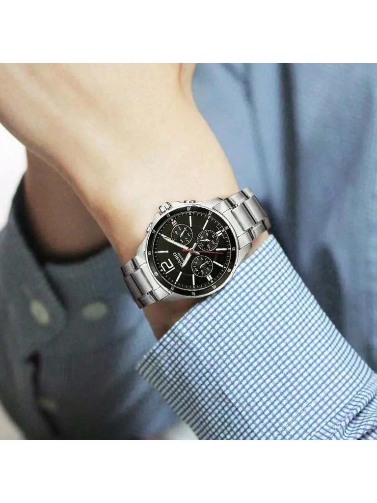 STANDARD Series Waterproof Quartz Movement Stainless Steel Strap Japanese-Korean Style Men's Watch with Black Dial MTP-1374D-1A