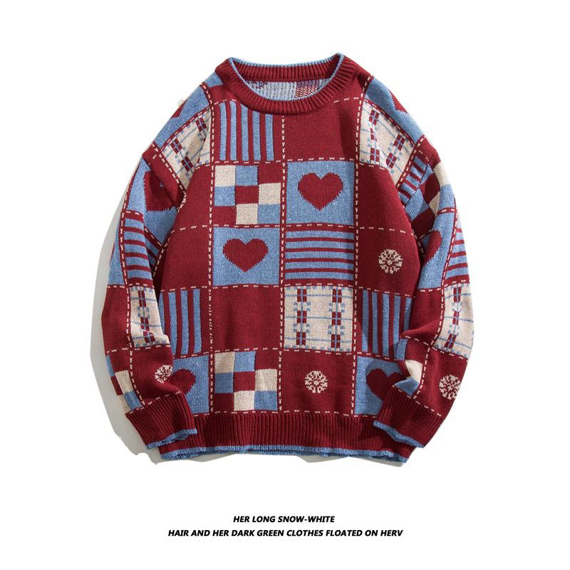 American Retro Plaid Heart Sweater - Red Autumn/Winter Knitwear for Couples